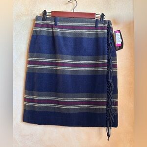 Striped Navy, Green and Burgundy Wool Fringe Skirt